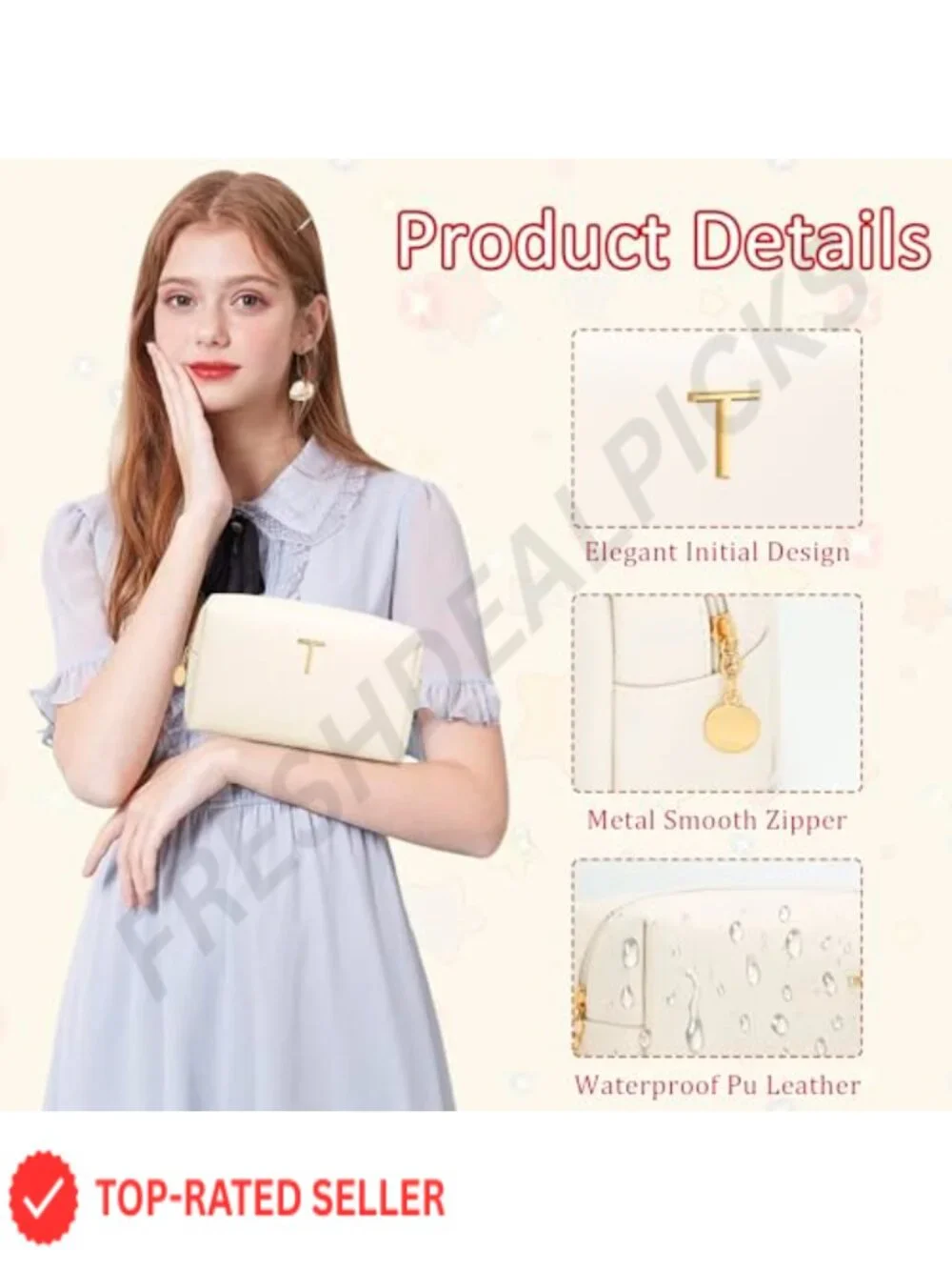 Initial Personalized Makeup Bag Travel Toiletry Vegan Leather Cosmetic Pouch